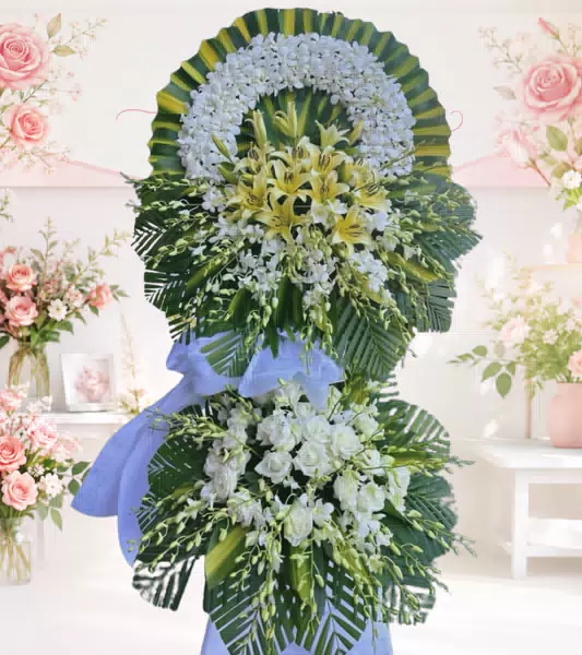 Vòng hoa chia buồn ly vàng hồng trắng hai tầng