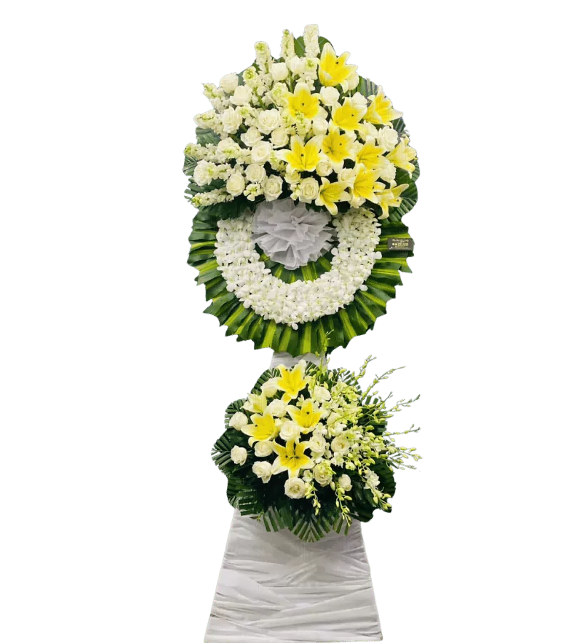 Vòng hoa chia buồn ly vàng hồng trắng hai tầng số 2