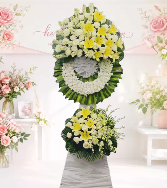 Vòng hoa chia buồn ly vàng hồng trắng hai tầng số 2