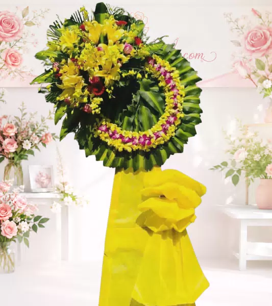 Vòng hoa chia buồn ly vàng lan hồng cẩm chướng đỏ