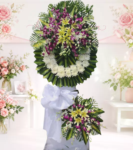 Vòng hoa chia buồn ly vàng lan tím cúc trắng