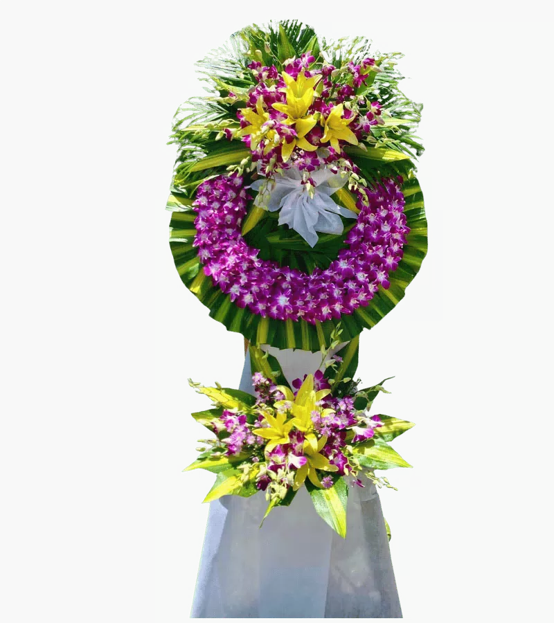 Vòng hoa chia buồn ly vàng lan tím hai tầng