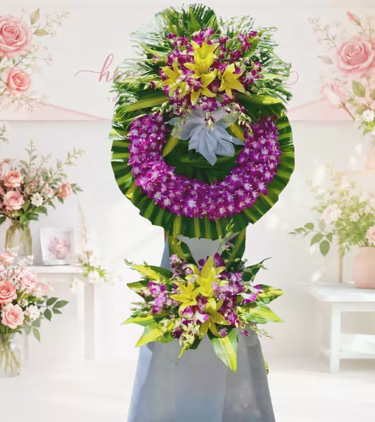 Vòng hoa chia buồn ly vàng lan tím hai tầng