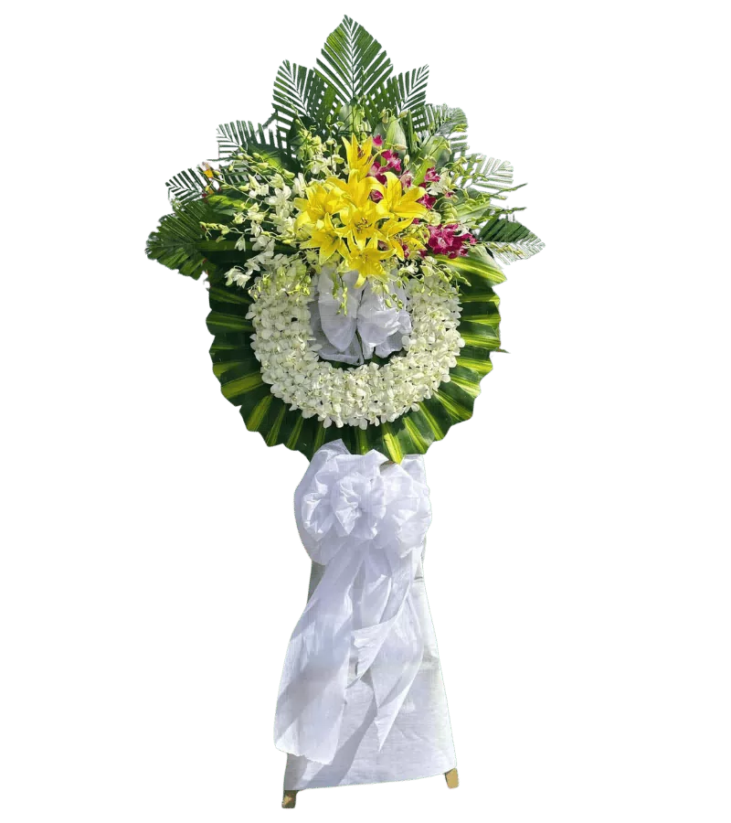 Vòng hoa chia buồn ly vàng lan tím hồng cúc trắng