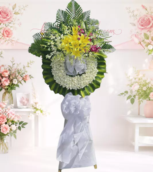 Vòng hoa chia buồn ly vàng lan tím hồng cúc trắng