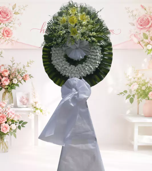 Vòng hoa chia buồn ly vàng lan trắng