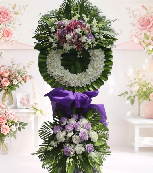 Vòng hoa chia buồn tím trắng hai tầng