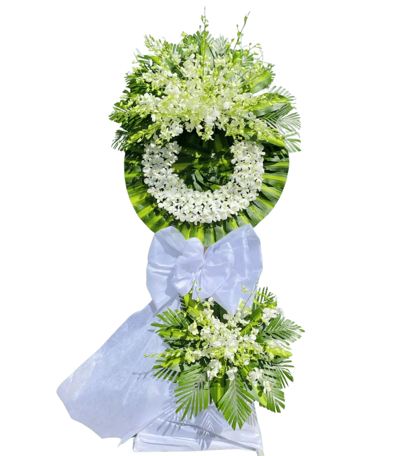 Vòng hoa chia buồn tone trắng có chân đế