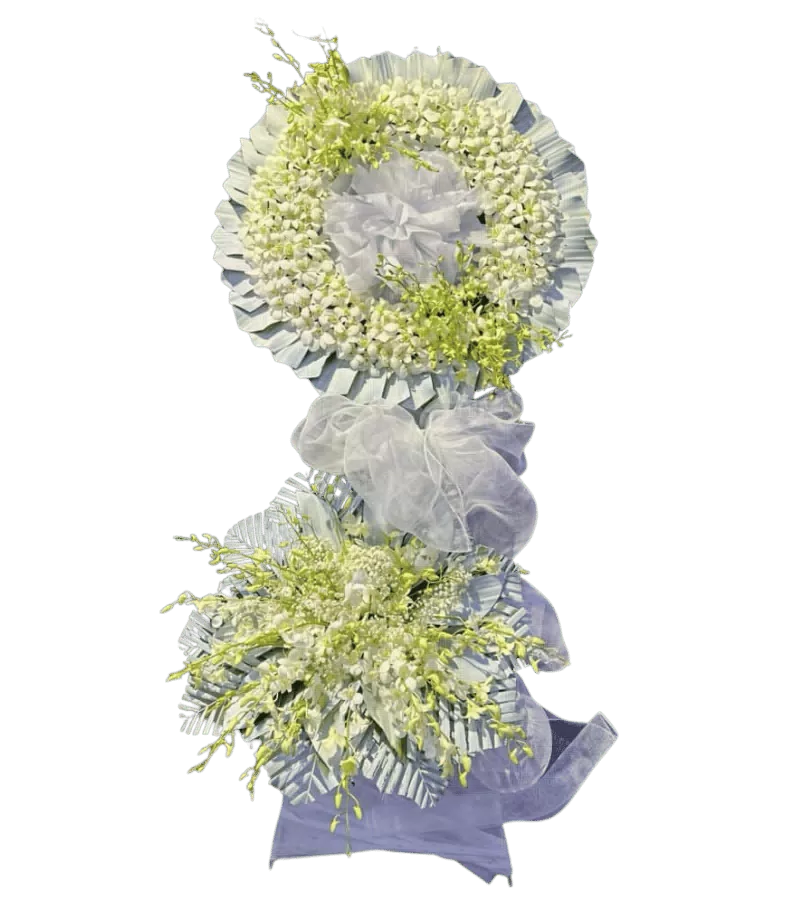 Vòng hoa chia buồn tone trắng hai tầng nơ xanh nhạt
