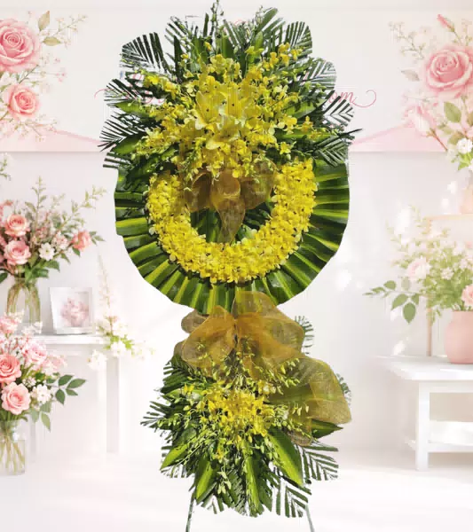 Vòng hoa chia buồn tone vàng ánh kim