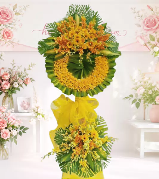 Vòng hoa chia buồn tone vàng cam hai tầng