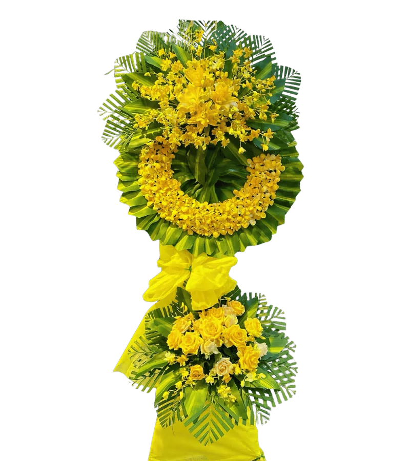 Vòng hoa chia buồn tone vàng hai tầng hoa hồng vàng