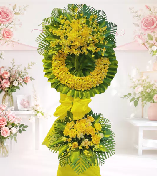 Vòng hoa chia buồn tone vàng hai tầng hoa hồng vàng