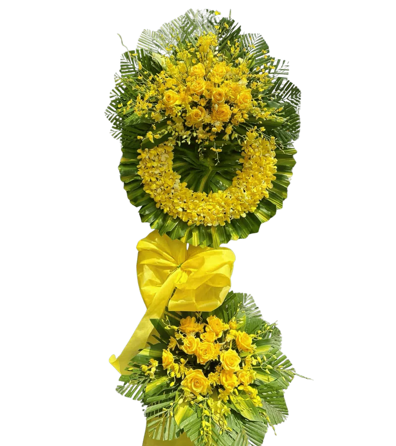 Vòng hoa chia buồn tone vàng hai tầng hồng vàng