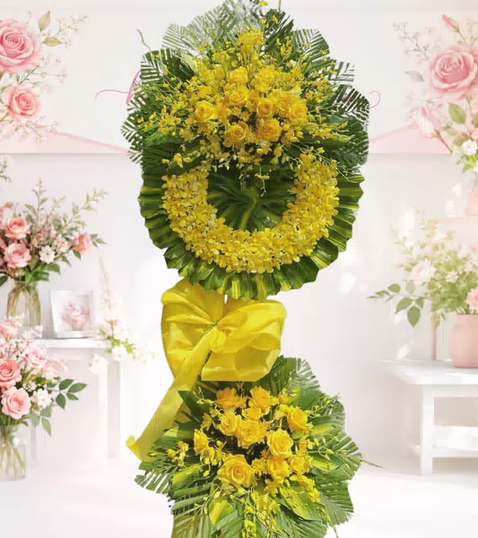 Vòng hoa chia buồn tone vàng hai tầng hồng vàng