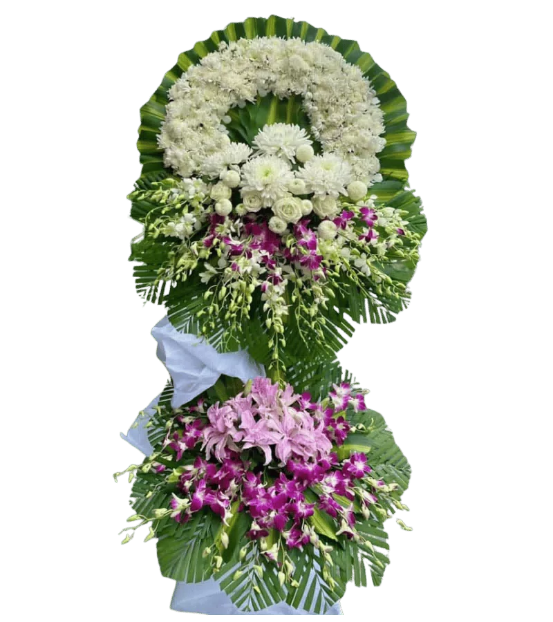 Vòng hoa chia buồn trắng tím hai tầng