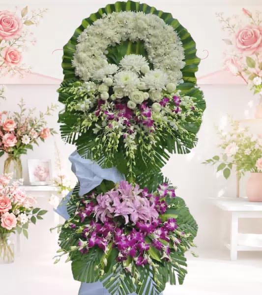 Vòng hoa chia buồn trắng tím hai tầng