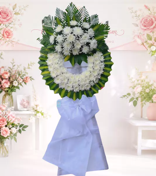 Vòng hoa tang lễ cúc trắng nơ trắng đơn giản