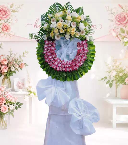 Vòng hoa tang lễ lan hồng hồng vàng đồng tiền