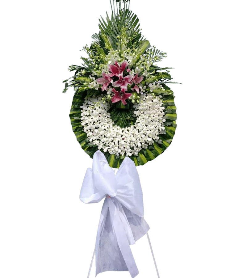 Vòng hoa tang lễ lan trắng lily hồng nơ trắng