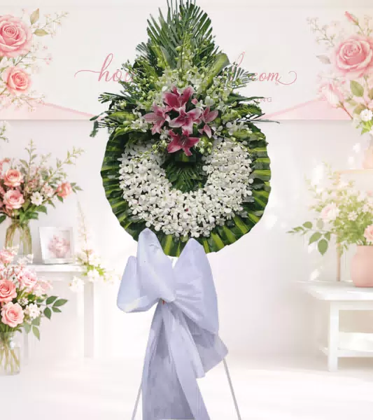 Vòng hoa tang lễ lan trắng lily hồng nơ trắng