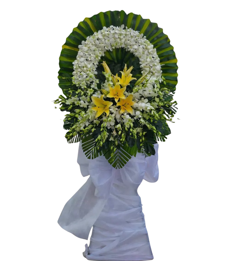 Vòng hoa tang lễ lan trắng lily vàng nơ trắng dáng nghiêng