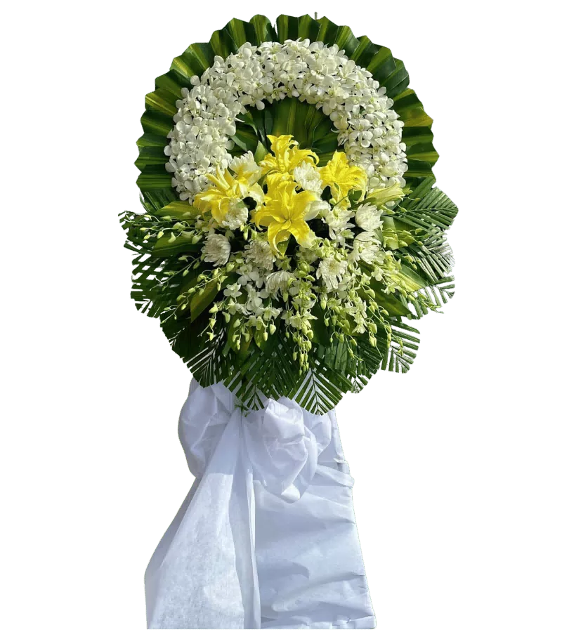 Vòng hoa tang lễ lan trắng lily vàng nơ trắng