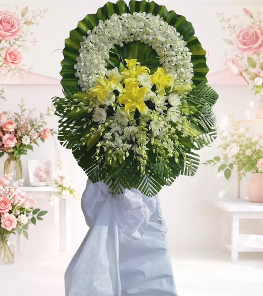 Vòng hoa tang lễ lan trắng lily vàng nơ trắng