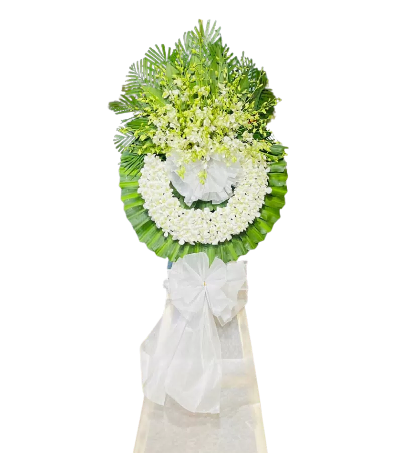 Vòng hoa tang lễ lan trắng nơ trắng đơn giản