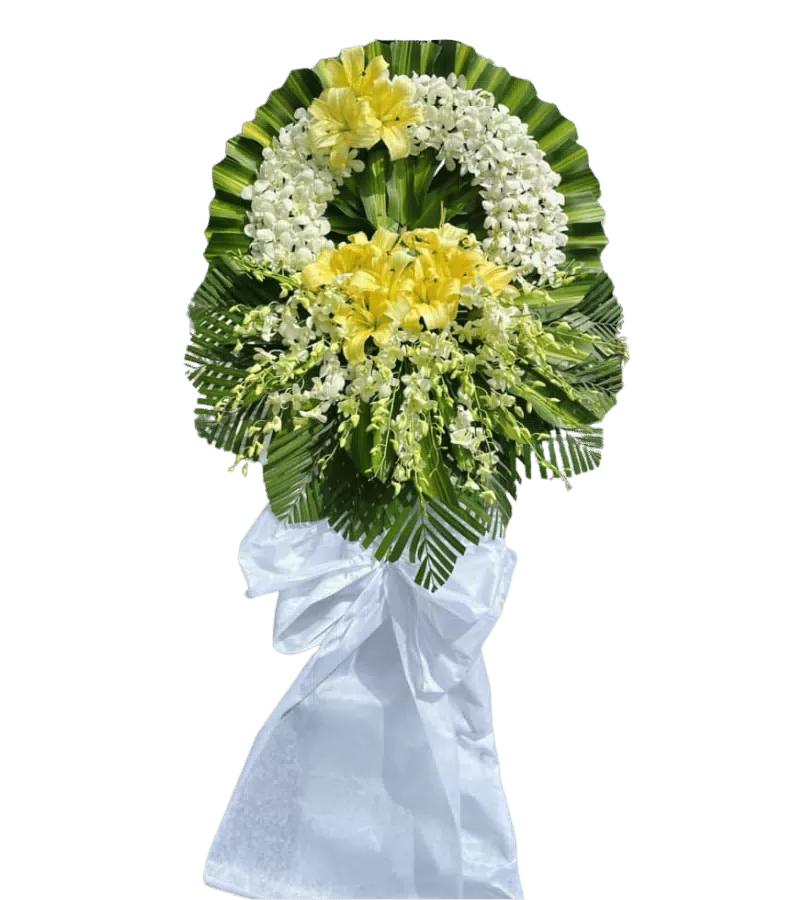 Vòng hoa tang lễ lily vàng lan trắng nơ trắng