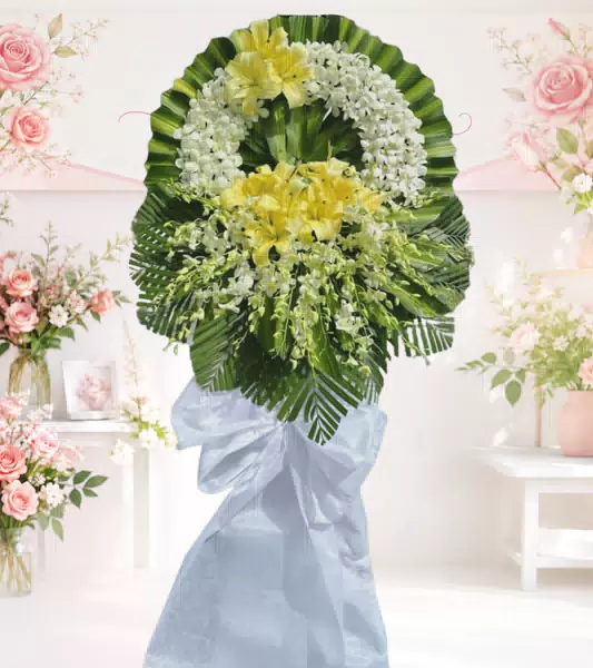 Vòng hoa tang lễ lily vàng lan trắng nơ trắng